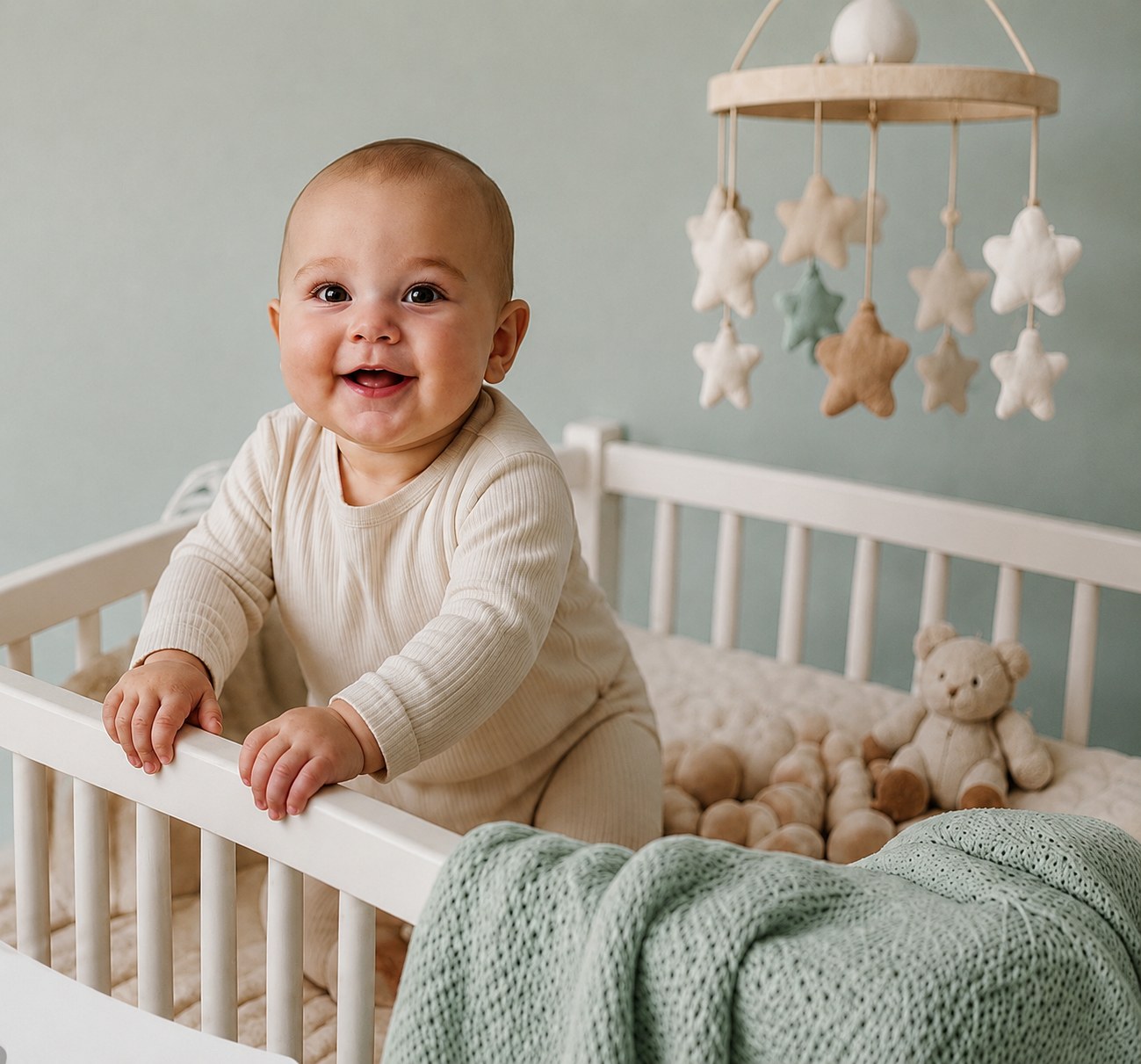 Bebé sonriendo de pie en su cuna con un móvil de estrellas