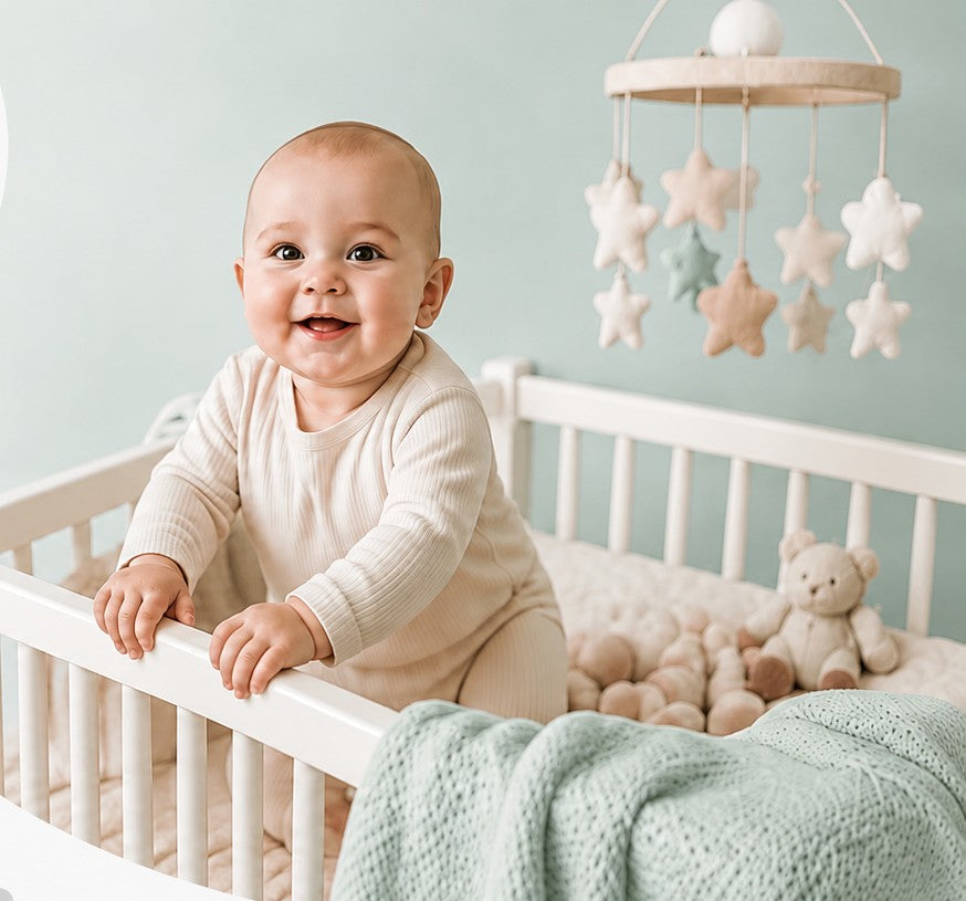Bebé sonriendo de pie en su cuna con un móvil de estrellas