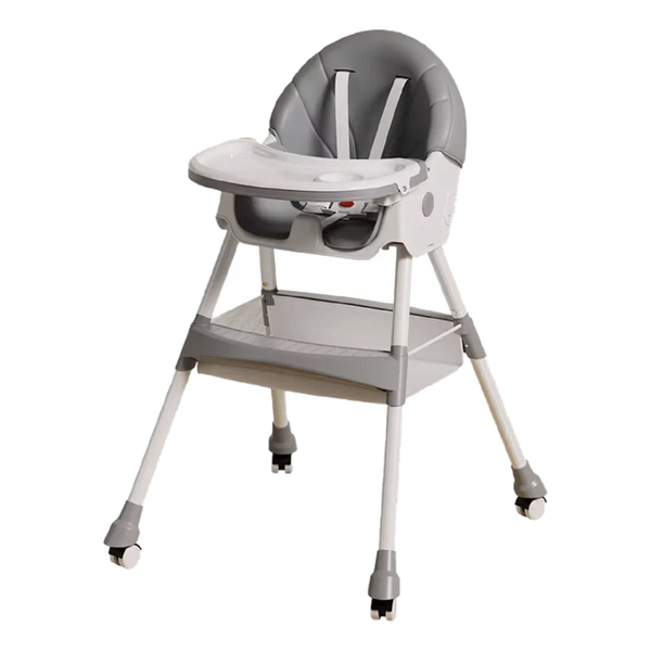 Silla de comer Premium gris con bandeja desmontable y ruedas