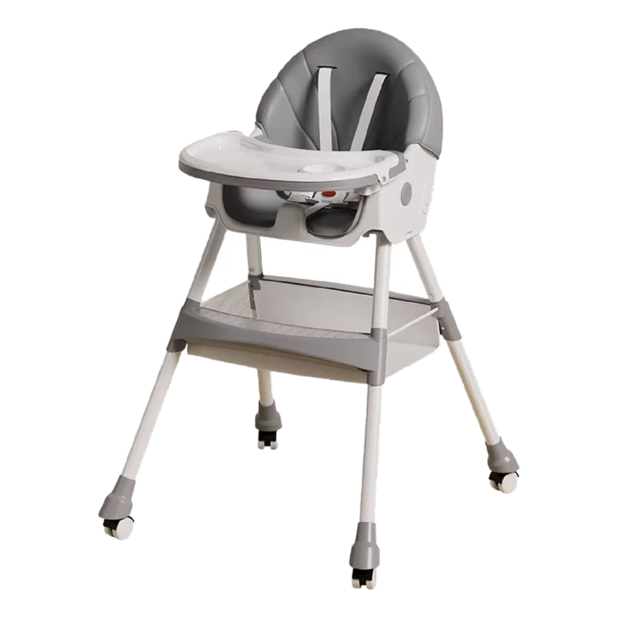 Silla de comer Premium gris con bandeja desmontable y ruedas